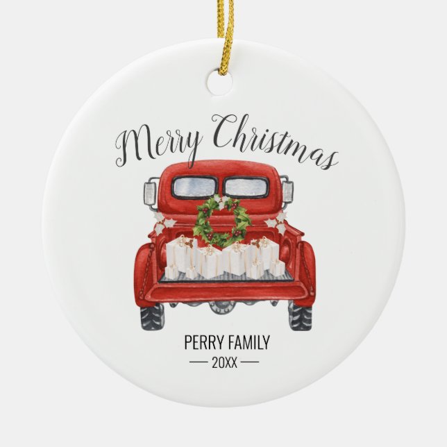 Vintage Red Truck Family Ceramic Ornament (Front)