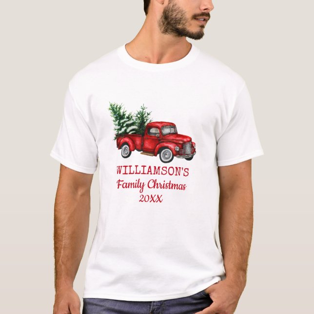 Vintage Red Truck Family Christmas T-Shirt (Front)