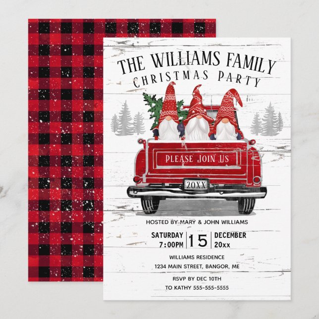 Vintage Red Truck Gnome Christmas Party Invitation (Front/Back)