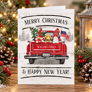 Vintage Red Truck Gnome Couple Dog Patriotic Plaid Holiday Card