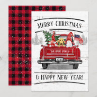 Vintage Red Truck Gnome Couple Dog Patriotic Plaid