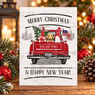 Vintage Red Truck Gnome Dog Couple Patriotic Xmas Holiday Card