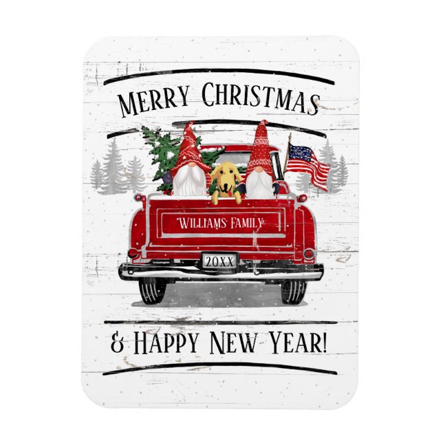 Vintage Red Truck Gnomes Dog Patriotic Christmas Magnet (Vertical)