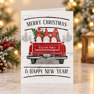 Vintage Red Truck Gnomes Rustic Christmas Tree Holiday Card