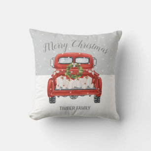 Vintage Red Truck Grey White Christmas Throw Pillow