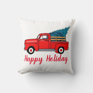 Vintage Red truck, happy holiday, Christmas tree Throw Pillow