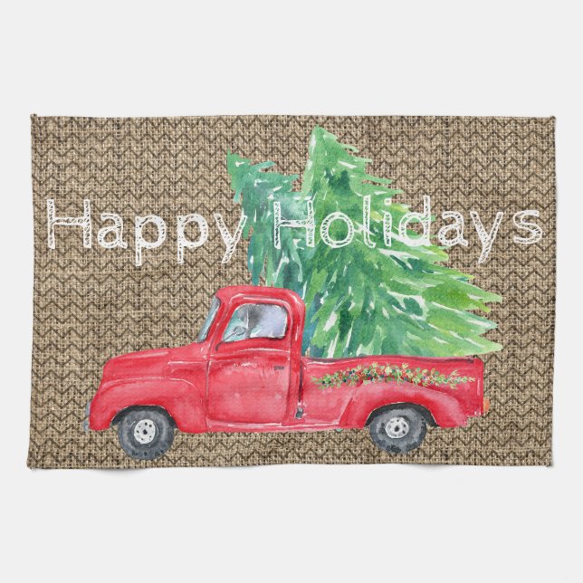 Vintage Red Truck Happy Holidays Kitchen Towel (Horizontal)