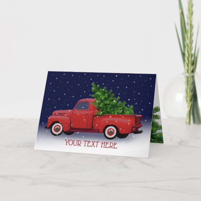 Vintage Red Truck Hauling Christmas Tree Card (Front)