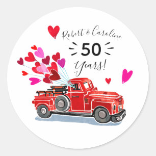 Vintage Red Truck Hearts Anniversary Add Names Classic Round Sticker