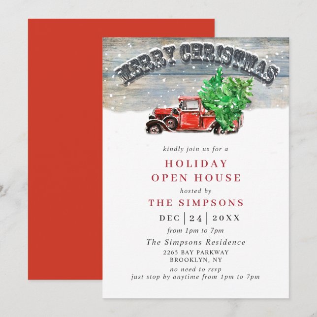Vintage Red Truck Holiday Christmas Open House Invitation (Front/Back)