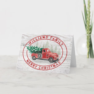 Vintage Red Truck Merry Christmas Family Name Wood Holiday Card