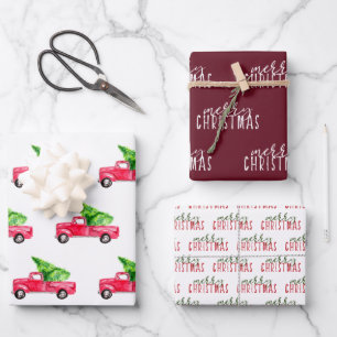 Vintage Red Truck Merry Christmas Rustic Wrapping Paper Sheet