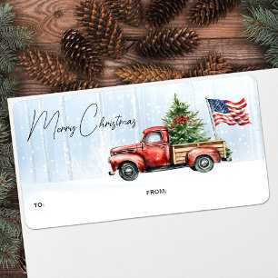 Vintage Red Truck Patriotic Merry Christmas Gift Label
