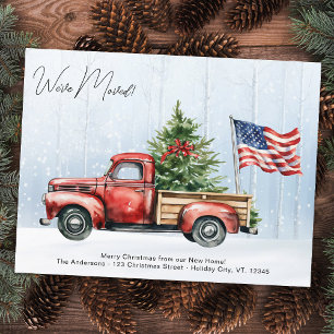 Vintage Red Truck Patriotic US Flag Holiday Moving Postcard