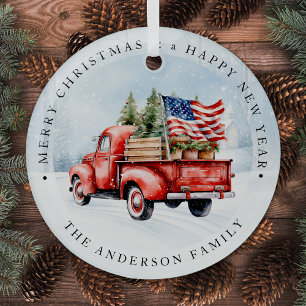 Vintage Red Truck Patriotic USA Flag Christmas Glass Ornament
