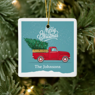 Vintage Red Truck Personalized Christmas Ceramic Ornament
