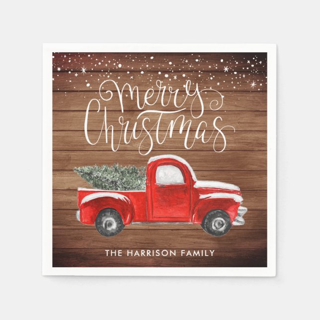 Vintage Red Truck Personalized Christmas Party Napkin (Front)