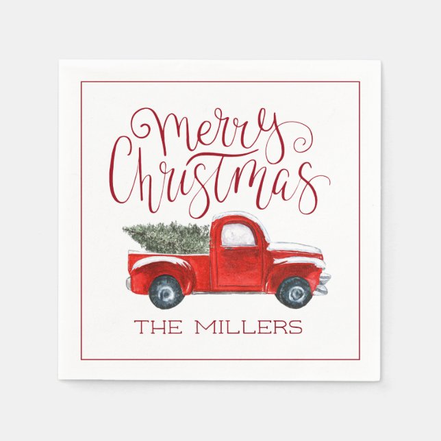Vintage Red Truck Personalized Christmas Party Napkin (Front)