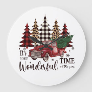 Vintage Red Truck Pine Tree Large Clock