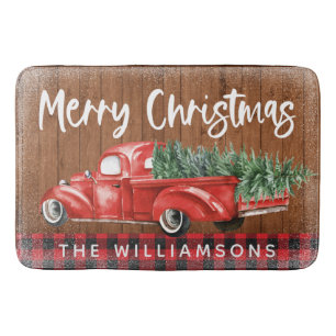 Vintage Red Truck Plaid Merry Christmas Name  Bath Mat