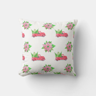 Vintage Red Truck & Poinsettias  Throw Pillow