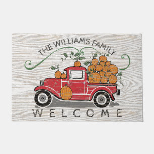 Vintage Red Truck Pumpkins Monogram Welcome Doormat