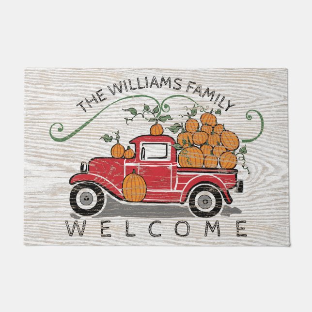 Vintage Red Truck Pumpkins Monogram Welcome Doormat (Front)