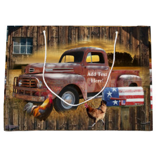 Vintage Red Truck Rooster Hen Barn Large Gift Bag