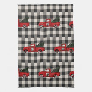 Vintage Red Truck Route 66 Plaid Holiday Dish Kitchen Towel