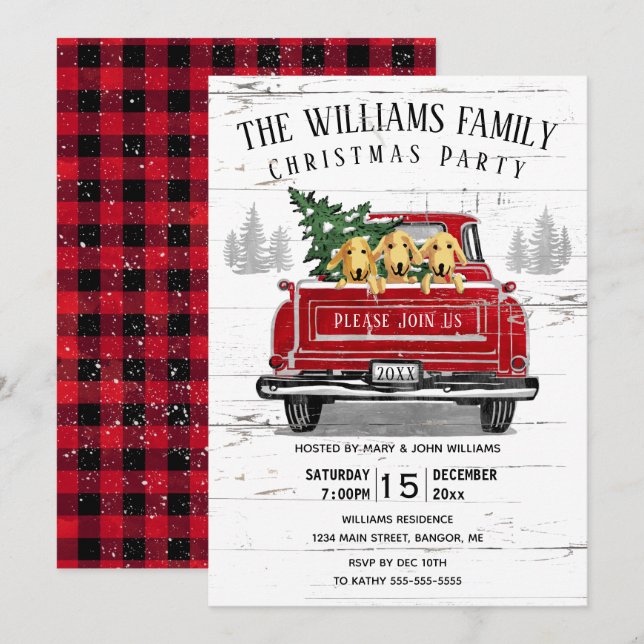 Vintage Red Truck Rustic Dog Christmas Party Invitation (Front/Back)