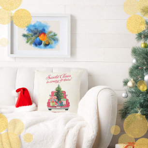 Vintage Red Truck Santa Claus Throw Pillow