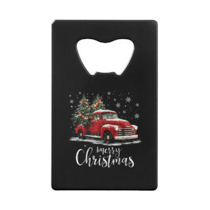 Vintage Red Truck SantaTree Merry Christmas Funny Credit Card Bottle Opener