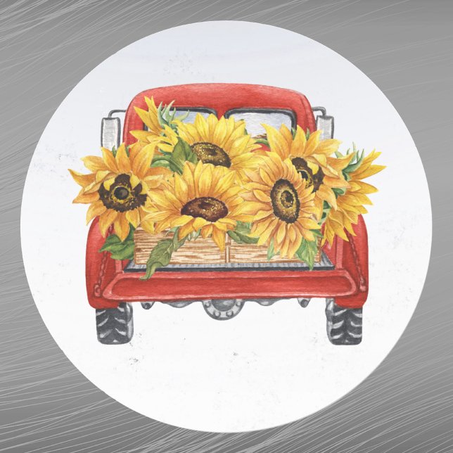 Vintage Red Truck Sunflowers Cargo Classic Round Sticker (Creator Uploaded)