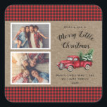 Vintage Red Truck Tree 2 Photo Christmas  Square Sticker<br><div class="desc">Vintage Red Truck Tree 2 Photo Christmas Sticker - Adorable rustic Christmas sticker features 2 of your favourite photos, a red vintage Christmas truck, carrying 2 freshly cut Christmas trees. Editable text reads " Wishing you a Merry Little Christmas" in pretty, handwritten style typography and is personalized with your family...</div>