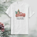 Vintage Red Truck With Christmas Tree Custom Text T-Shirt<br><div class="desc">Celebrate the season with this fun Holiday T-shirt featuring a vintage red truck carrying a Christmas Tree.  Add 3 lines of custom text.  Perfect for matching family t-shirts,  getting your christmas tree,  a holiday photo or family reunion/Christmas Gathering.</div>