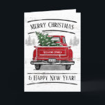 Vintage Red Truck with Christmas Tree Family Name Holiday Card<br><div class="desc">This personalized rustic holiday folded card features a vintage red truck with a Christmas tree. It reads "Merry Christmas & Happy New Year!" Personalize with your family name and year in a modern white font. Inside of the card has a greeting which you may leave as is or customize. Designed...</div>