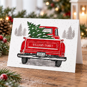 Vintage Red Truck with Christmas Tree Family Name Holiday Card