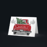Vintage Red Truck with Christmas Tree Family Name Holiday Card<br><div class="desc">This personalized rustic holiday folded card features a vintage red truck with a Christmas tree. Personalize with your family name and year in a modern white font. Inside of the card has a greeting which you may leave as is or customize. Designed by world renowned artist ©Tim Coffey.</div>