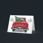 Vintage Red Truck with Christmas Tree Family Name Holiday Card<br><div class="desc">This personalized rustic holiday folded card features a vintage red truck with a Christmas tree. Personalize with your family name and year in a modern white font. Inside of the card has a greeting which you may leave as is or customize. Designed by world renowned artist ©Tim Coffey.</div>