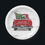 Vintage Red Truck with Christmas Tree Family Name Paper Plate<br><div class="desc">These personalized paper plates will add a touch of rustic to your holiday celebrations. This design features a vintage red truck with Christmas tree on a white weathered wood background with pine trees. The back of the truck has your family name and year to customize. Designed by world renowned artist...</div>