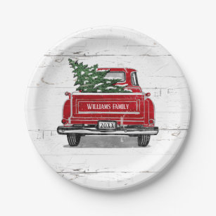 Vintage Red Truck with Christmas Tree Family Name Paper Plate