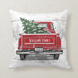 Vintage Red Truck with Christmas Tree Family Name Throw Pillow