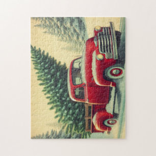 Vintage red truck with Christmas tree Jigsaw Puzzle
