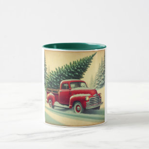 Vintage red truck with Christmas tree Mug