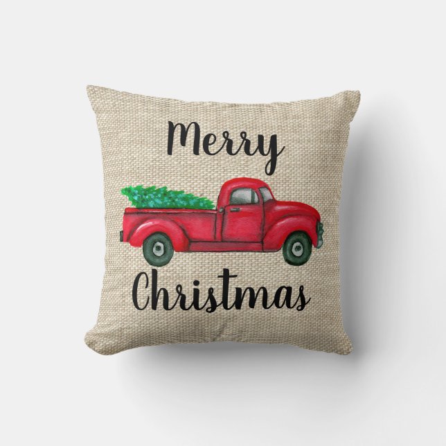 Vintage Red Truck With Christmas Tree Pillow (Front)