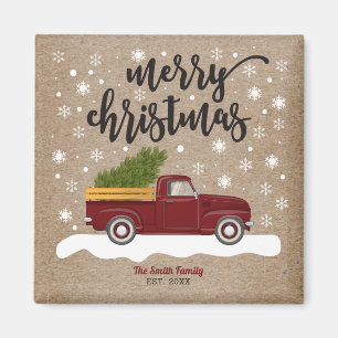 Vintage Red Truck With Christmas Tree Retro Magnet