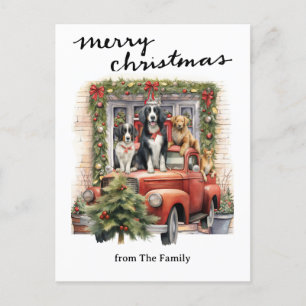 Vintage Red Truck with Dogs Christmas Holiday Postcard