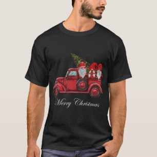 Vintage Red Truck With Three Gnomes Merry Christma T-Shirt