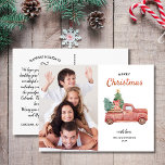Vintage Red Truck with Tree, Merry Christmas Photo Postcard<br><div class="desc">Spread holiday cheer with this postcard featuring festive a vintage red truck carrying a Christmas Tree. Customize by uploading your vertical photo. The backside features your custom greetings, name and note (or delete to leave space for a handwritten note). Add your return address to the back too. A card that's...</div>