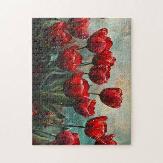 Vintage Red Tulips Floral Oil Painting Jigsaw Puzz Puzzle